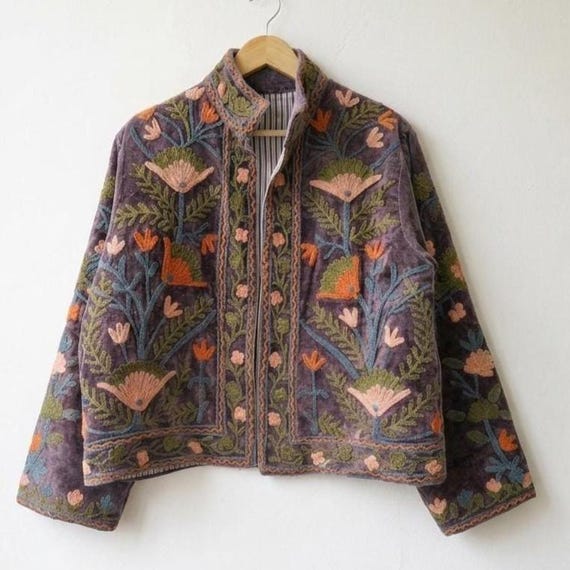 Suzani Embroidery Velvet Jacket, Vintage Boho Coat | Unisex Winter Jacket |  Ethnic Chic Outerwear for Seasonal Outfits | Gift For Her