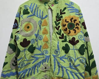 Green Suzani Velvet Hand Embroidered Floral Jacket |Duster Bohemian Outerwear |Artisan Statement Jacket |Festival Street Coat |Gift For Her