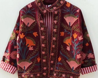 Handmade Velvet Suzani Jacket | Embroidered Floral Bohemian Coat