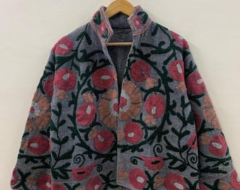 Vintage Cotton Suzani Embroidered TNT Jacket | Handmade Floral Boho Outerwear | Unique Ethnic Statement Piece | Duster Jacket | Gift For Her