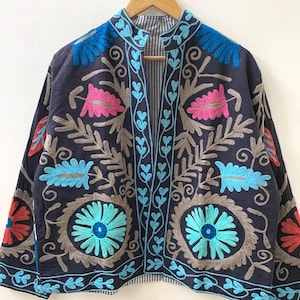 Indian Suzani Embroidery Jacket, Cotton Suzani Coat, Winter Jacket Coat, Suzani Short Jacket, Hand Embroidered Jacket For Women, Gift idea
