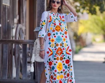 Long Maxi Mexican Dress, Hand Embroidered Mexican Dress, Mexican Floral  Dress, Artisanal Handmade Dress. Traditional Mexican Style Dress - Etsy