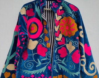 Hand-Embroidered Suzani Velvet Jacket | Boho Floral Coat