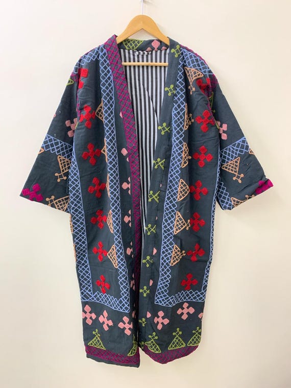 Grey Floral Suzani Embroidered Kimono |Boho Handmade Robe |Festival Kimono Jacket |Duster Velvet Robe | Ethnic Outerwear Robe |Gift For Her