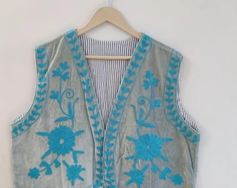Boho Velvet Women's Vest & Waistcoat Embroidered Suzani Jacket | Floral Velvet Sleeveless Vest | Women's Suzani Short Jacket | Gift For Her