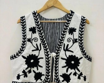 Hand-Embroidered Floral Suzani Velvet Vest | Sleeveless Boho Jacket | Summer Beach Wear Jacket | Gift For Her
