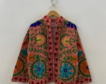 Jaqueta Suzani de veludo floral feita à mão, casaco boho bordado