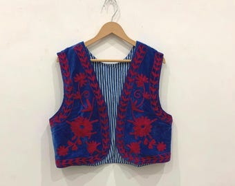 Hand Embroidered Floral Suzani Velvet Vest | Boho Sleeveless Jacket | Floral Waistcoat | Gift For Her | Summer Vest