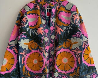Ethnic Suzani Velvet Hand Embroidered Floral Jacket |Duster Bohemian Outerwear |Artisan Statement Jacket |Festival Street Coat |Gift For Her
