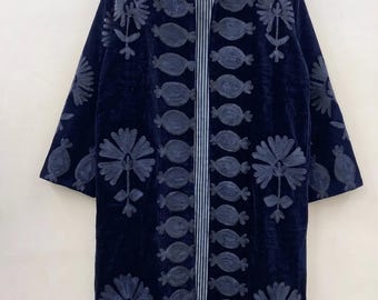 Velvet Embroidery Suzani  Kimono Robe | Lightweight Boho Cover Up |Winter Long Suzani Jacket  | Handmade Lounge Wear Casual Layering Jacket