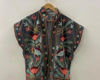 Bohemian Velvet Suzani Vest |Embroidered Waistcoat |Vintage-Inspired Floral Jacket | Festival Wear | Statement Piece | Gift For Her