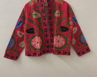 Red Indian Suzani Embroidery Summer Jacket, Cotton Suzani Coat, Winter Suzani Coat, Suzani Short Jacket, Hand Embroidered Jacket For Women
