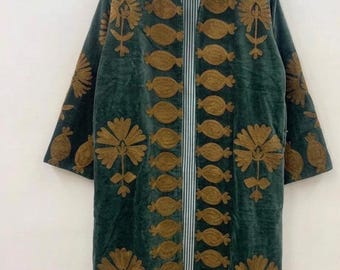 Suzani Embroidered Kimono |Handmade Long Coat |Festival Kimono |Duster Velvet Robe | Ethnic Floral Outerwear | Gift For Her