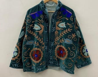 Handmade Velvet Suzani Cropped Jacket | Embroidered Floral Bohemian Coat | Gift For Her | velvet Suzani Jacket
