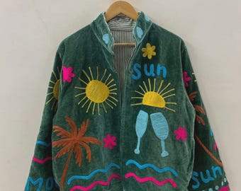 Green Embroidered Velvet Suzani Jacket | Outerwear |Bohemian Style Indian Coat | Partywear Jacket |Handmade Jacket | Gift For Wife