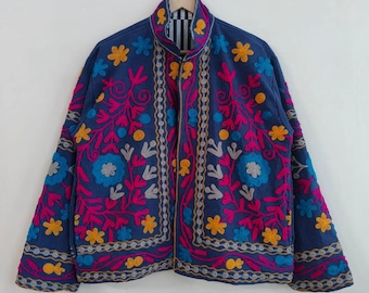 Blue Indian Style Suzani Velvet Embroidery Jacket |Unisex Bridesmaid Gift | Winter Jacket | Kimono Robe | Duster Jacket | Gift For Her