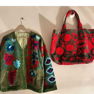 Green Style Suzani Velvet Embroidery Jacket With Suzani Bag |Bridesmaid Gift | Winter Jacket |Combo Bag and Jacket |Suzani Bag Suzani Jacket