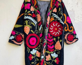 Handmade Floral Suzani Embroidered Velvet Jacket | Boho Kimono Robe