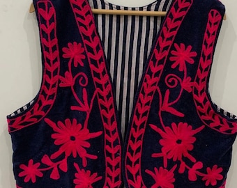 Hand-Embroidered Floral Suzani Velvet Vest | Boho Sleeveless Jacket | Gift For Her