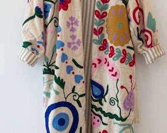 Velvet Embroidery Suzani  Kimono Robe | Lightweight Boho Cover Up |Winter Long Suzani Jacket  | Handmade Lounge Wear Casual Layering Jacket