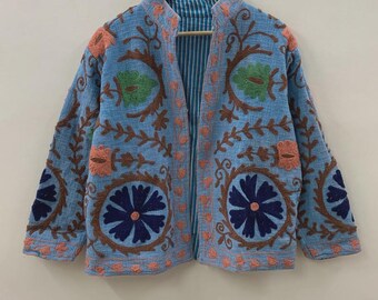 Ethnic Embroidered Suzani TNT Jacket, Winter Wear Jacket, Women's Coat, Suzani Short Jacket, TNT Fabric Jacket, Partywear Coat