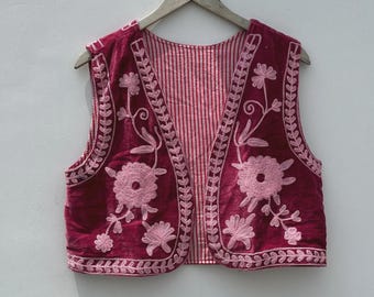 Embroidered Floral Suzani Velvet Vest | Handmade Sleeveless Jacket