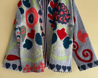 Unique Suzani Velvet Embroidered Winter Jacket |Duster Bohemian Outerwear |Artisan Statement Jacket |Festival Street Coat |Gift For Her