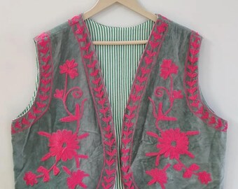 Velvet Women's Suzani Vest | Waistcoat Embroidered Suzani Jacket | Floral Velvet Sleeveless Vest | Chic Suzani Short Jacket, Gift For Her