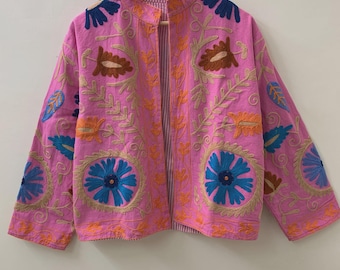 Pink Bohemian Cotton Embroidered Jacket, Suzani Overcoat, Suzani Embroidered Short Jacket, Gift For Her, One size, Japanese Spring Jacket