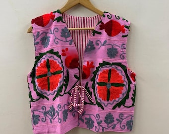 Hand-Embroidered Floral Suzani Vest, Cotton Sleeveless Waistcoat