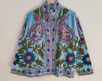 Indian Velvet Suzani Embroidery Jacket | Winter Warmed Coat | Women's Coat | Quilted Jacket | Suzani Jacket | Warm Outerwear | Gift For Her