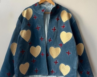 Handmade Suzani Velvet Jacket | Blue Boho Embroidered Heart Coat