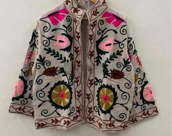 Indian Suzani Embroidery Jacket, Cotton Suzani Coat, Summer Jacket Coat, Suzani Short Jacket, Hand Embroidered Jacket For Women, Gift idea