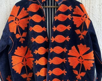 Navy Velvet Suzani Embroidered Winter Jacket | Uzbek Artisan Coat | Winter Suzani Jacket | Gift For Her | Winter Velvet Chic Coat
