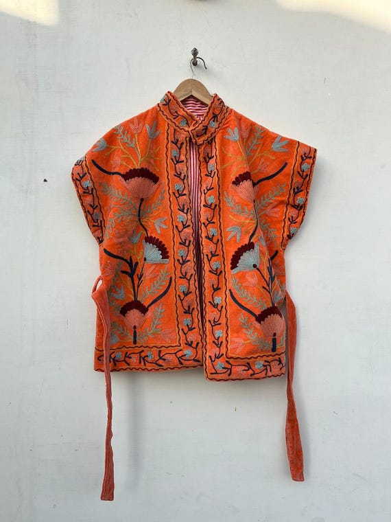 Handcrafted Suzani Velvet Vest – Embroidered Floral Bohemian Waistcoat | Short Kimono With Belt | Sleeveless Suzani Coat