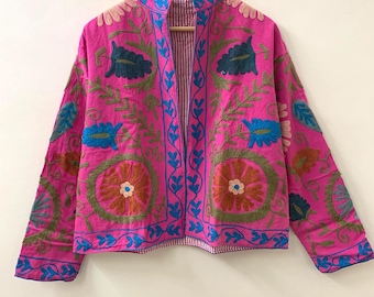 Pink Embroidered Suzani Jacket, Bohemian Cotton Short Coat
