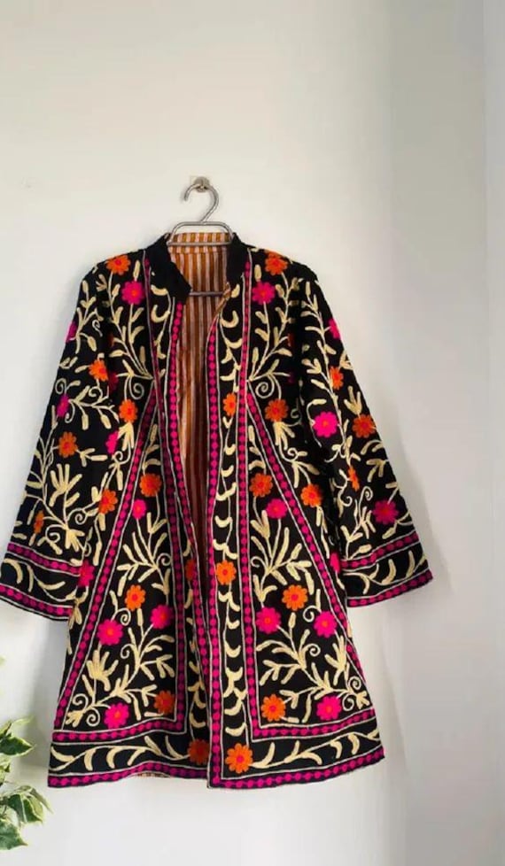Colorful Suzani Embroidered Kimono |Handmade Long Coat |Festival Kimono |Duster Velvet Robe | Ethnic Floral Outerwear