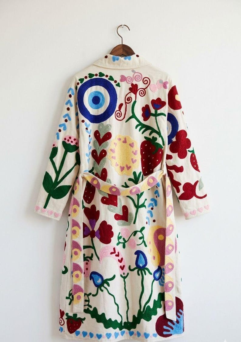 White Velvet Embroidery Suzani Kimono Robe | Lightweight Boho Cover Up | Winter Velvet Suzani Jacket | Handmade Lounge Wear Casual Kimono image 2