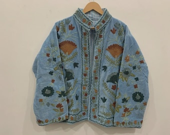 Velvet Suzani Hand Embroidered Jacket | Collared Tailored Jacket | Bohemian Coat | Hippie Jacket | Winter Warm Suzani Jacket | Bomber Jacket