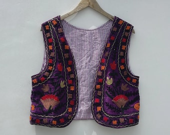 Purple Handmade Velvet Suzani Vest | Floral Embroidered Waistcoat | Suzani Summer Velvet Boho Coat | Gift For Her