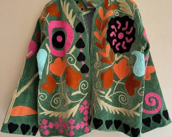 Velvet Suzani Winter Short Jacket |Boho Floral Jacket | Suzani Jacket | Winter Warmed Coat | Gift For Her | Duster Boho Coat
