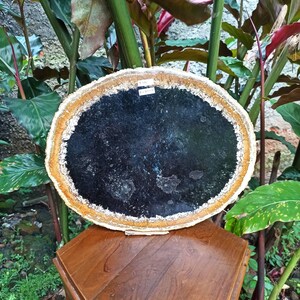 May include: A round, black agate slice with a natural, golden edge. The agate is polished and has a smooth, glossy finish. The slice is approximately 20 cm in diameter.