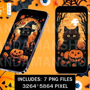 Black Cat Halloween, Cat Fall Season, Halloween Wallpaper, Cat Lover, Spooky Phone Wallpaper, Wallpaper 3264*5824px, Instant Download PNG