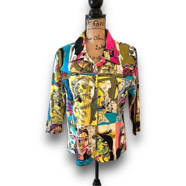 KAKTUS Cubism Print Jean Jacket in Pink Black yellow and Aqua sz 1X