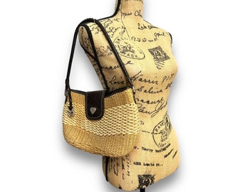 BRIGHTON Straw Shoulder Bag with Brown Reptile Embossed Leather Trim & Silver Hardware