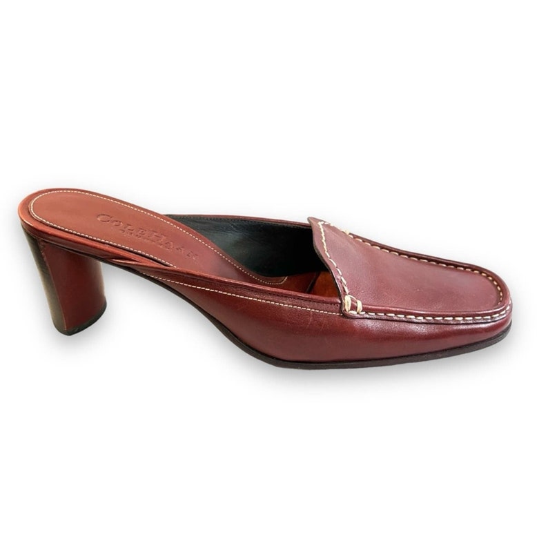 COLE HAAN Red Leather Mules With Brown Wood Heels and White Top ...