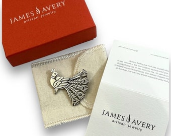 JAMES AVERY RETIRED Peacock Brooch Sterling Silver Signed with Box & Dust Bag