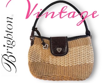 BRIGHTON Straw Shoulder Bag with Brown Reptile Embossed Leather Trim & Silver Hardware