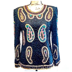 LAURENCE KAZAR VTG langarm Schwarz-Gold Perlen Abend Top M
