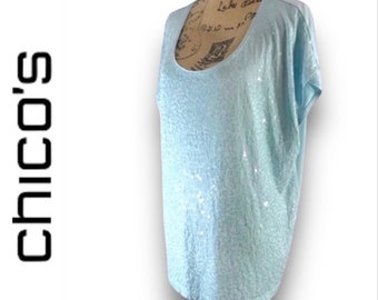 CHICOS TSHIRT girocollo azzurra con paillettes brillanti sul davanti SZ 3